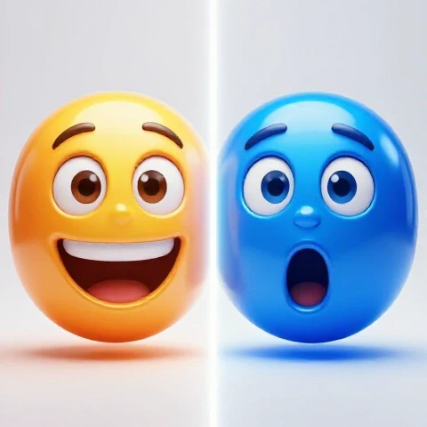 Split image of two expressive emojis—one excited, one surprised—lit by contrasting colors on a bright background.