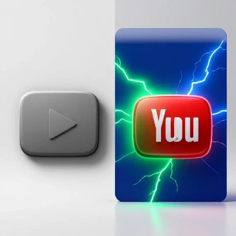 Split image showing a dull YouTube thumbnail transforming into a vibrant, eye-catching design in a bright studio setting.