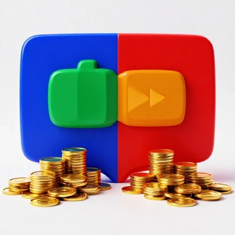 Split-screen of two colorful YouTube thumbnails, each casting shadows that become gold coin piles, set on a bright studio background.