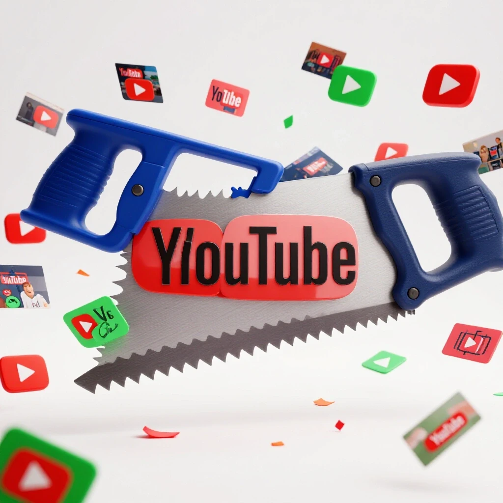 A striking image of a jagged saw blade cutting through a colorful YouTube logo with thumbnails scattered around.