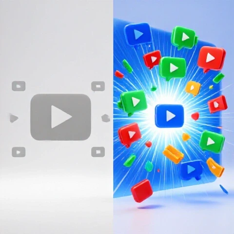 Split image showing a dull, ignored video thumbnail beside a vibrant, popular one attracting colorful viewers.