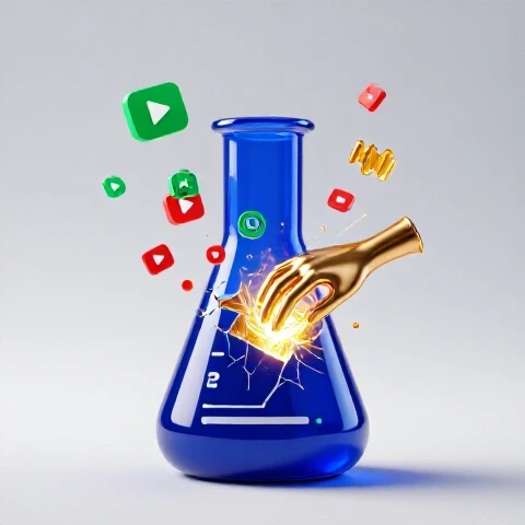 Cracked blue formula beaker spilling colorful video symbols as a golden hand repairs it with light.