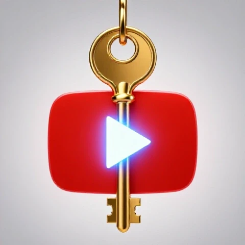 Golden key unlocking a glowing play button on a bright white background, symbolizing YouTube title secrets.