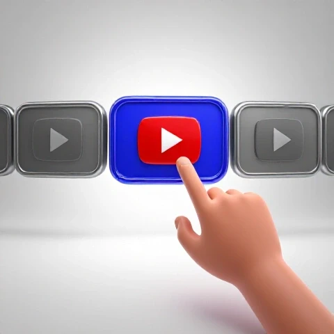 A dramatic spotlight highlights a vibrant YouTube-style video thumbnail being selected among muted others.