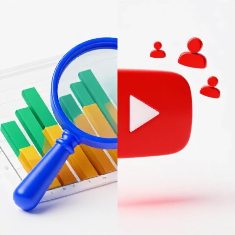 Split image with a magnifying glass over analytic charts on one side and a glowing play button attracting icons on the other, set against a bright background.