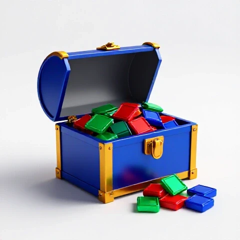 A vibrant treasure chest filled with colorful video thumbnails partly concealed by a plain, oversized lid.