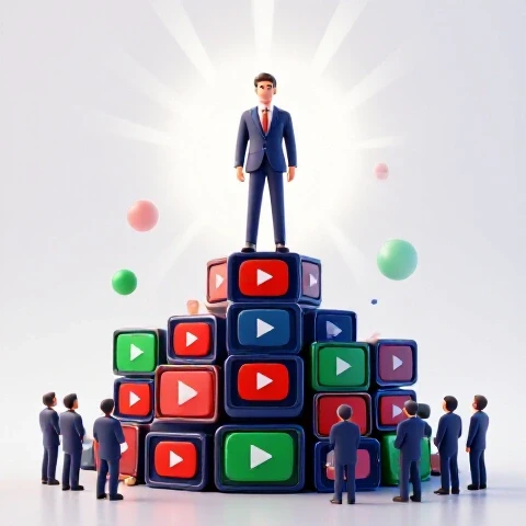 A confident figure stands atop ascending video thumbnails radiating light as viewers look up, symbolizing YouTube authority and trust.