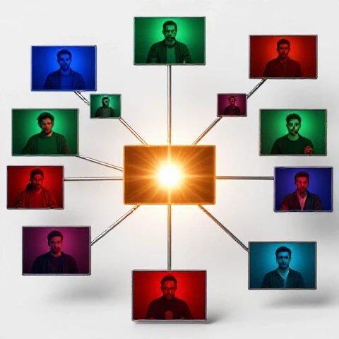 Vibrant network of interconnected, colored video thumbnails radiating outward on a bright studio background.