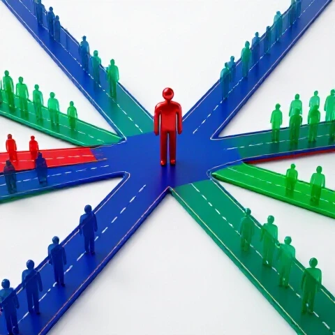 Central figure at a massive crossroads with many diverging paths crowded by shadowy competitors
