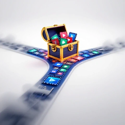 A crossroads with one path leading to a bright treasure chest full of video icons, the other fading into swirling fog.