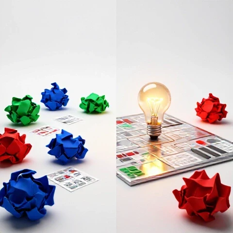 Split workspace with chaotic crumpled papers and scattered ideas on one side, glowing lightbulb with organized content map on the other side