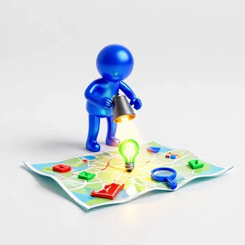 Spotlight shines on a vibrant treasure map with colorful icons like a lightbulb and chart, revealing hidden YouTube opportunities.