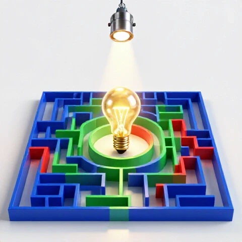A glowing golden idea bulb illuminated at the center of a tangled maze of rich-colored video thumbnails under a spotlight.