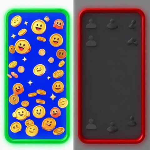 Split scene of two YouTube thumbnails: one vibrant with viewers and coins, one dull and nearly empty for visual contrast.