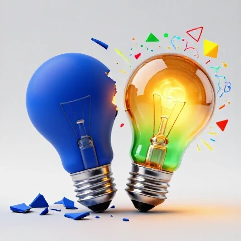 Split scene with wilted blue lightbulb and vibrant glowing bulb emerging from creative chaos on bright background.