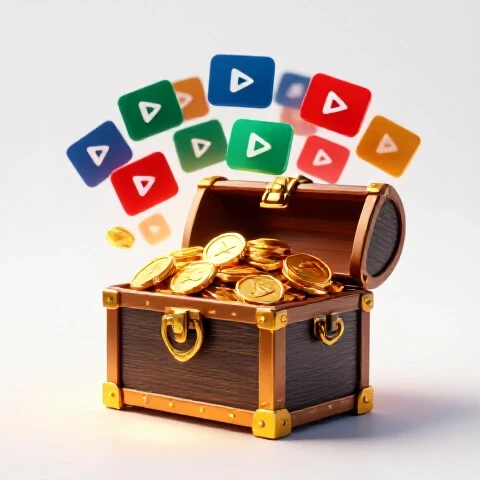 A glossy treasure chest overflowing with gold coins and video play icons, spotlit and surrounded by colorful YouTube thumbnails on a bright background.