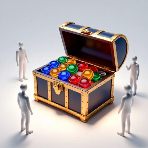 A luminous studio scene with a spotlighted treasure chest spilling glowing play buttons, surrounded by searching abstract figures.