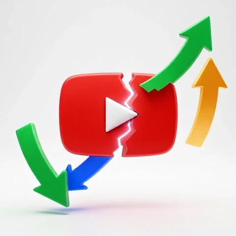 Broken red video play button being reconnected by glowing energy, with analytics arrows falling and rising on a bright white background.