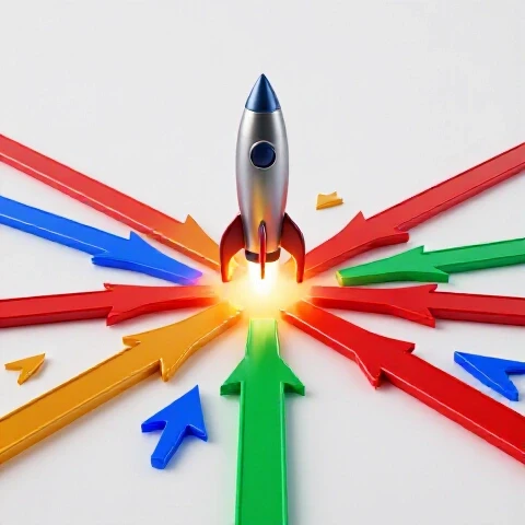 Multiple glowing arrows in vibrant colors converge at a crossroads toward a central rocket on a bright background.