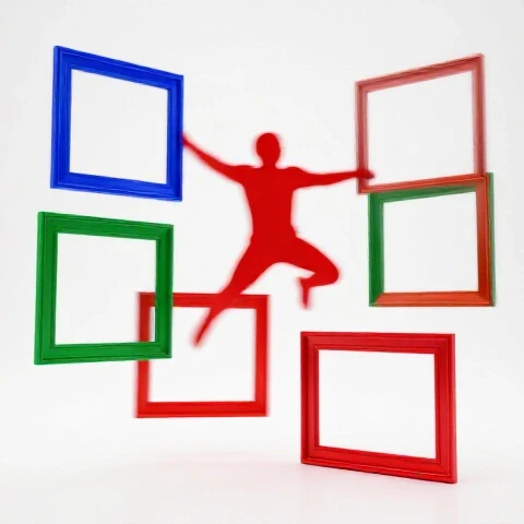 Energetic silhouette leaps between vibrant video frames with motion blur on a bright studio background.