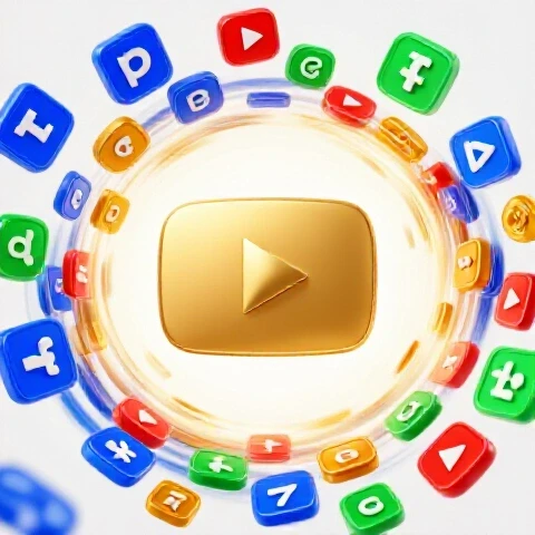 Golden YouTube play button magnetically drawn into a swirl of bright trending icons on a luminous white background.