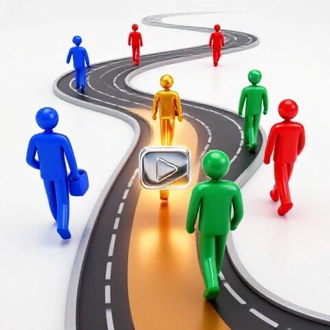 A vibrant 3D racetrack with creators chasing a shiny play button while one takes a glowing shortcut path