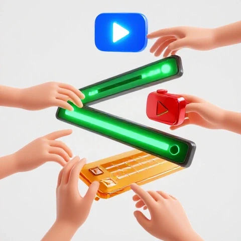 Hands interact with colorful video icons—play button, timeline, camera, checklist—in an upward sequence on a bright background.