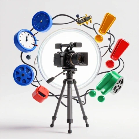 A video camera stands centered in bright studio light, surrounded by swirling colorful symbols of chaos on white.