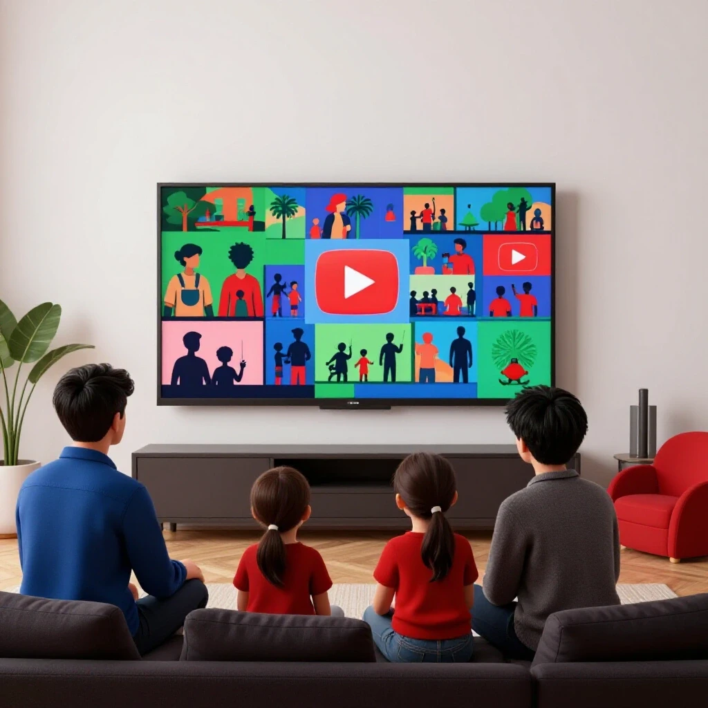 A family enjoys YouTube TV together in a cozy living room, with colorful silhouettes on the screen symbolizing connections.