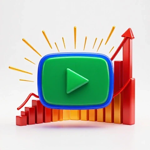 A paused blue play button surrounded by vibrant upward bar charts and graphs on a bright white background.