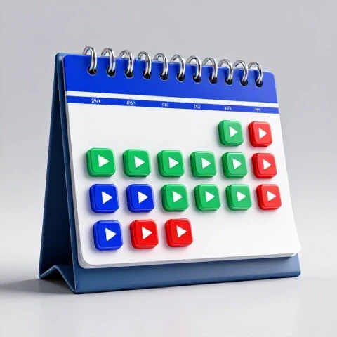 A stylish calendar with highlighted days turning into colorful video play buttons, set in a bright studio scene.