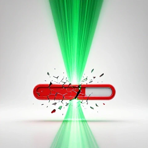 A broken red video upload progress bar with glass-like cracks and bright green light emerging behind it, set against a luminous white background.