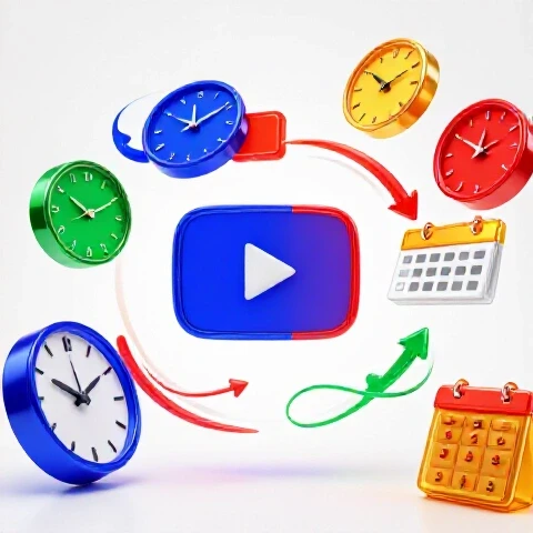 Clocks and calendars morph into a YouTube play button with motion lines on a bright white background.