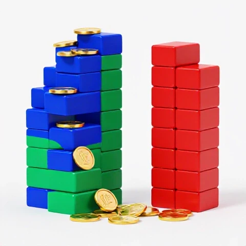 Split scene with stacks of saturated video blocks and abundant gold coins on one side, sparse blocks and fewer coins on the other, in a bright studio setting.