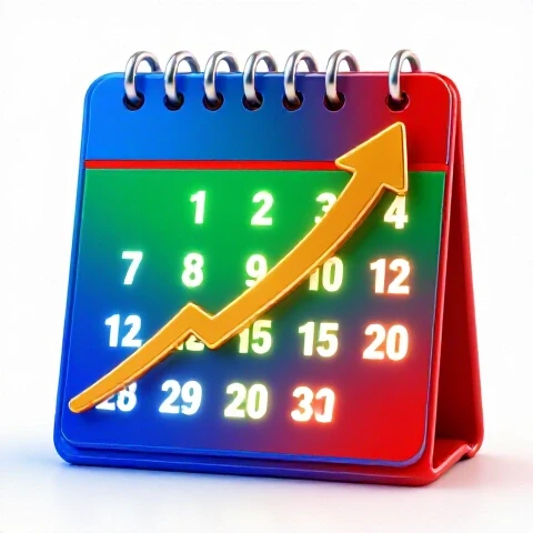 Vibrant calendar with highlighted dates and a bold upward arrow, symbolizing YouTube channel growth strategy.