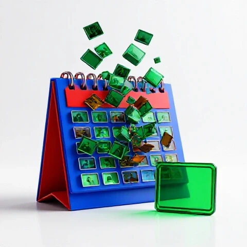 A crowded colorful calendar overflowing with video thumbnails contrasted by a single highlighted video thumbnail on a bright background.