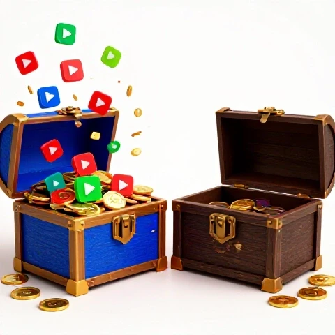 Split scene with one treasure chest overflowing with colorful video icons and another sparse, dimly lit chest showing few icons