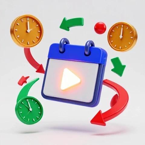 A glowing play button morphs from a vibrant calendar, surrounded by shifting clocks and bold colored arrows on a bright background.