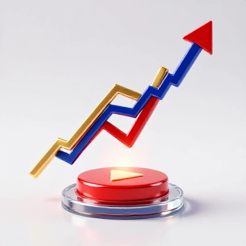 Dynamic upward-trending graph with gold and red accents emerging from a glowing play button, symbolizing YouTube revenue growth.