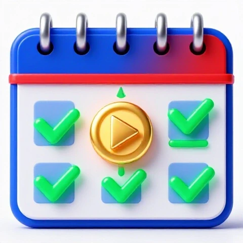 A vibrant calendar marked with glowing green checkmarks leads toward a golden play button on a bright background.