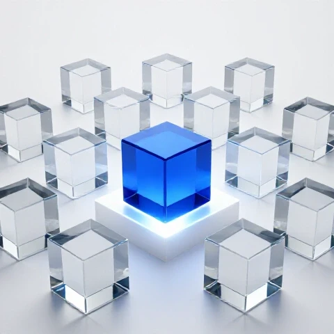 A vibrant metallic-blue cube on a glowing pedestal stands out among several transparent glass cubes, symbolizing a unique value proposition.