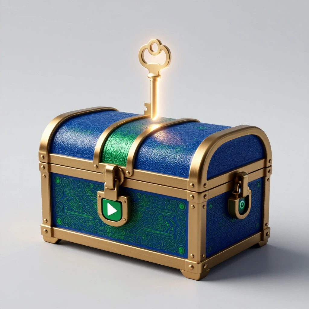 A glowing key hovering above a locked treasure chest, symbolizing secret YouTube video access.