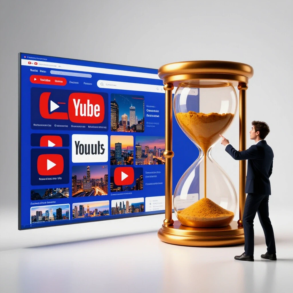 A split-screen image showing an overflowing YouTube interface alongside a large hourglass, symbolizing time spent watching.
