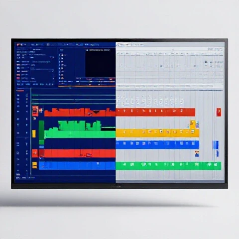Colorful split-screen video timeline transforming from cluttered chaos to organized workflow on bright background.