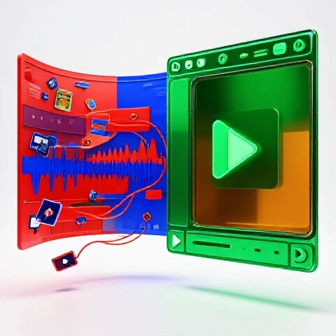 Chaotic video timeline transforming into a vibrant, polished video frame with strong color contrast