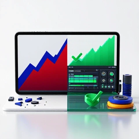 Split-screen tablet shows low YouTube analytics graph beside vivid video editing tools indicating recovery progress.