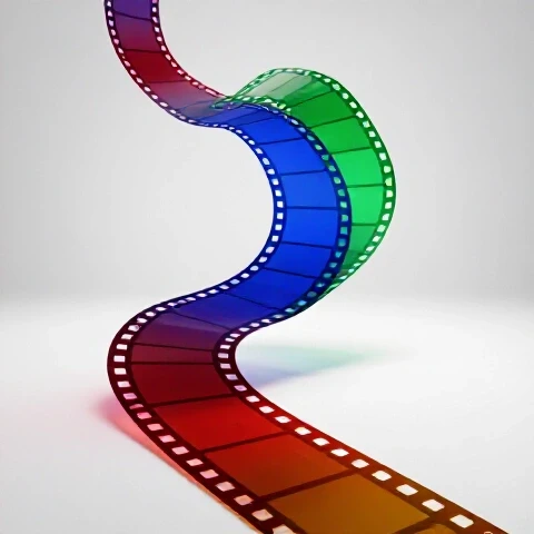 Glowing, segmented filmstrip in deep vibrant colors transitions smoothly on a bright white illuminated background.