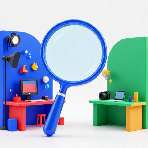 Split image showing a lively creator workspace contrasted with a calm, minimal setup, highlighted by a magnifying glass.