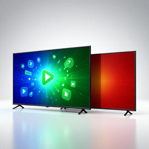 Side-by-side comparison of two dynamic video screens, one vibrant and lively and the other empty and faded, on a bright studio background.