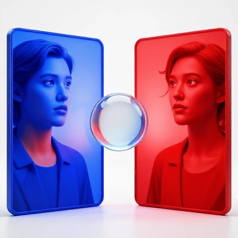Split-screen of two vibrant, contrasting YouTube thumbnail frames with a glass sphere between them on a bright background.